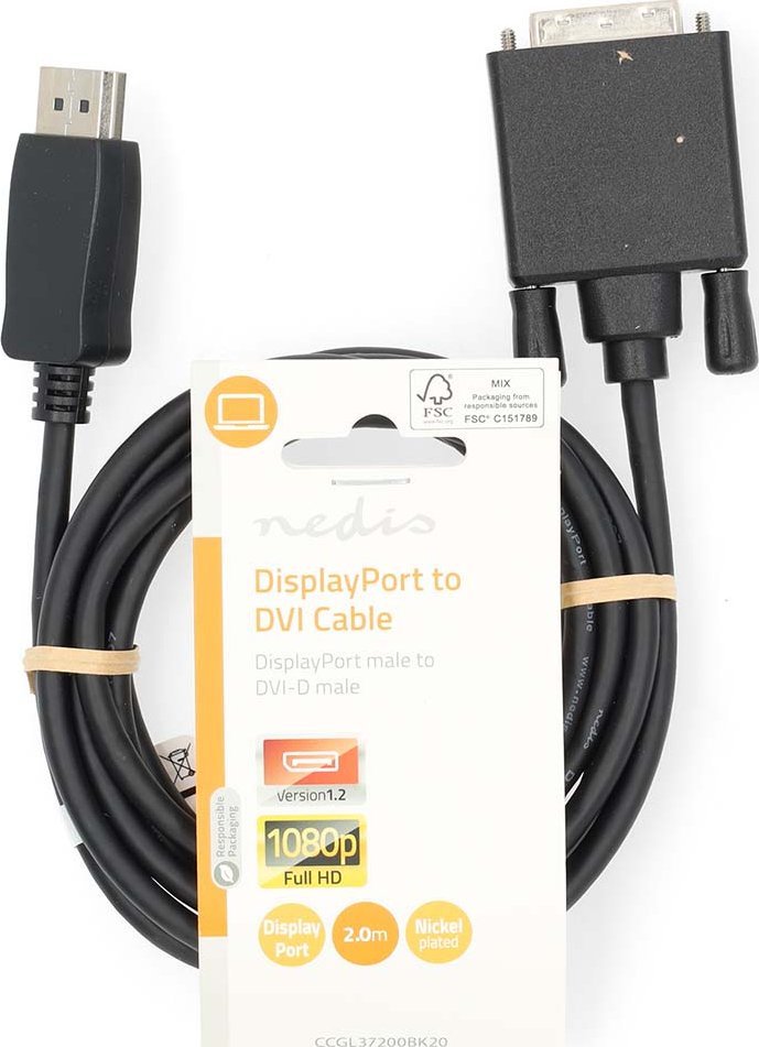 Kabllo Nedis DisplayPort në DVI D, 2m, mashkull në mashkull, i zi
