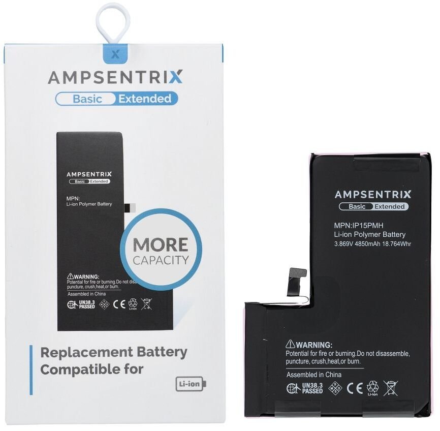 Батерија за телефон Ampsentrix Basic за iPhone 15 Pro Max, 4850 mAh, зголемен капацитет