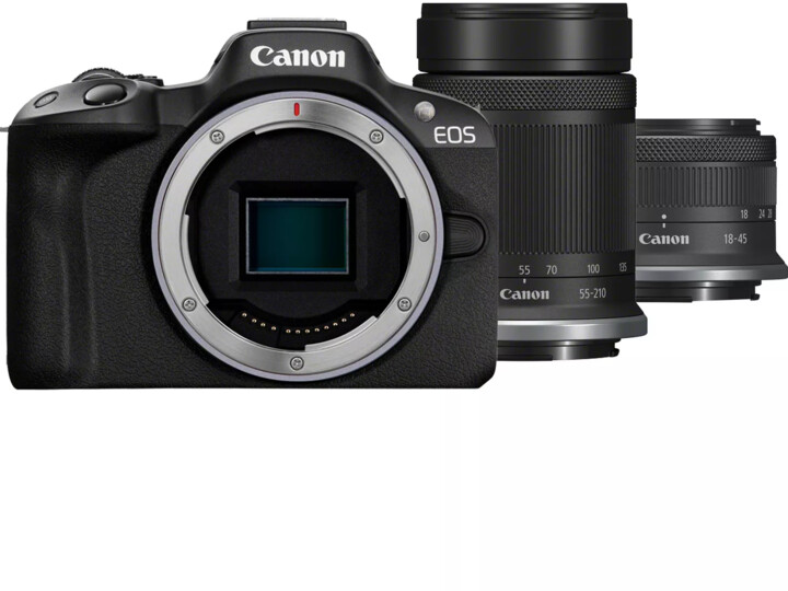 Kamerë Canon EOS R50, e zezë + RF-S 18-45 IS STM + RF-S 55-210 mm F5-7.1 IS