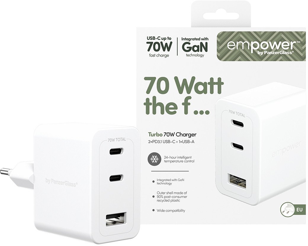Полнач за ѕид PanzerGlass Turbo Multiplo 70W, 2x USB C, USB A, бел