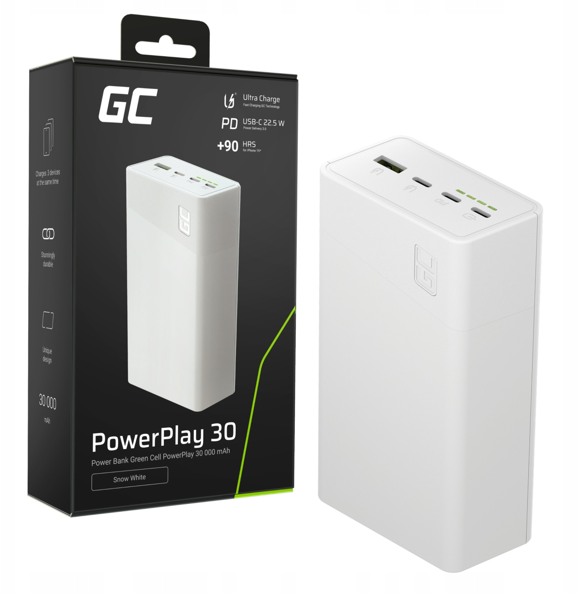 Powerbank GreenCell PowerPlay 30, 30000mAh, LED екран, бел