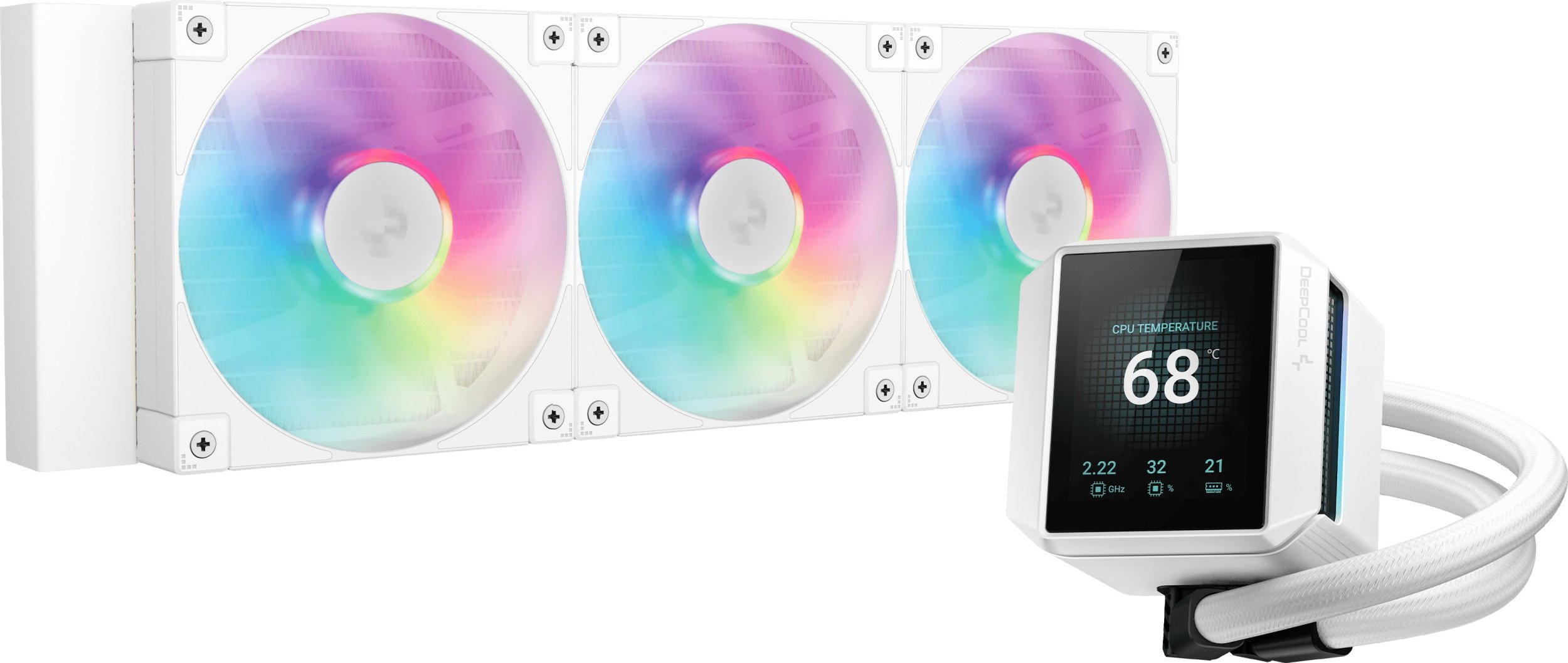 Ладилник за вода за процесор DeepCool Mystique 360 WH ARGB, 360 mm, LCD екран 2.8\", бел