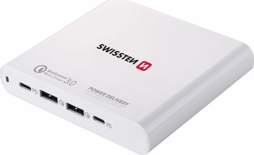 Karikues për notebook Swissten 87W, 2x USB, 2x USB C, i bardhë