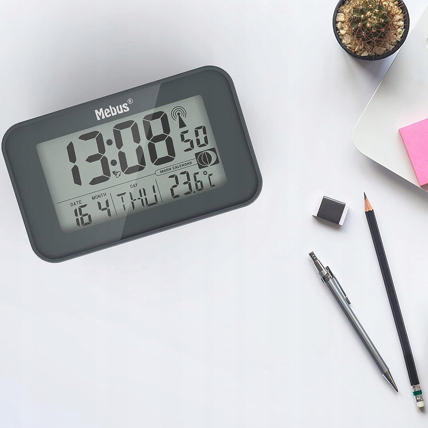 Дигитален аларм-часовник Мебус 51460, ЛЦД екран, мерење температура, антрацит