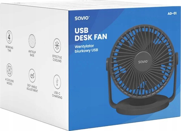 Ventilator tavoline Savio AD-01, USB-C, bateri 1200 mAh, i bardhë