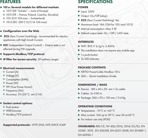 Prizë inteligente NETIO PowerCable Modbus 101E PL, Wi-Fi, 230V 16A, e bardhë