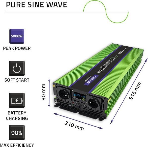 Inverter Qoltec Monolith, 2500W 5000W, 12V në 230V, valë sinusoide e pastër