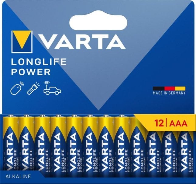 Bateri alkaline Varta Longlife Power AAA, 1.5V, paketim 12 copë