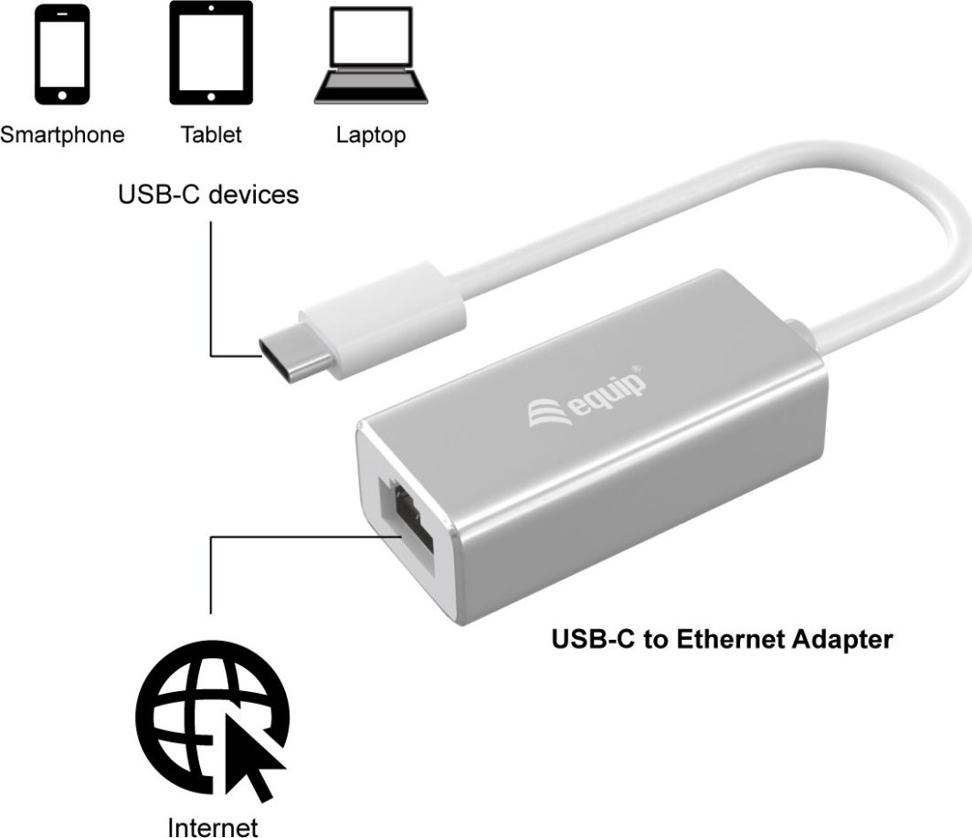 Adaptues rrjeti Equip USB Type C në RJ45, Gigabit Ethernet, gri