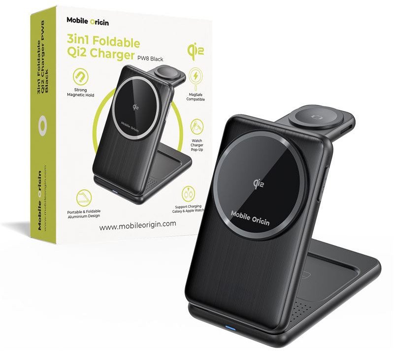 Karikues wireless 3në1 Mobile Origin PW8, Qi2 MagSafe, i zi