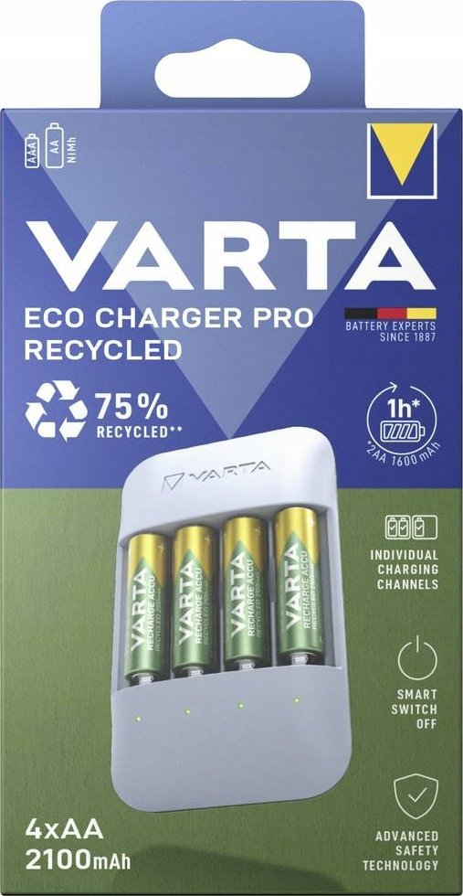 Karikues baterish Varta Eco Pro 57683101121, AA dhe AAA NiMH, karikim i shpejtë, mbështjellës i ricikluar