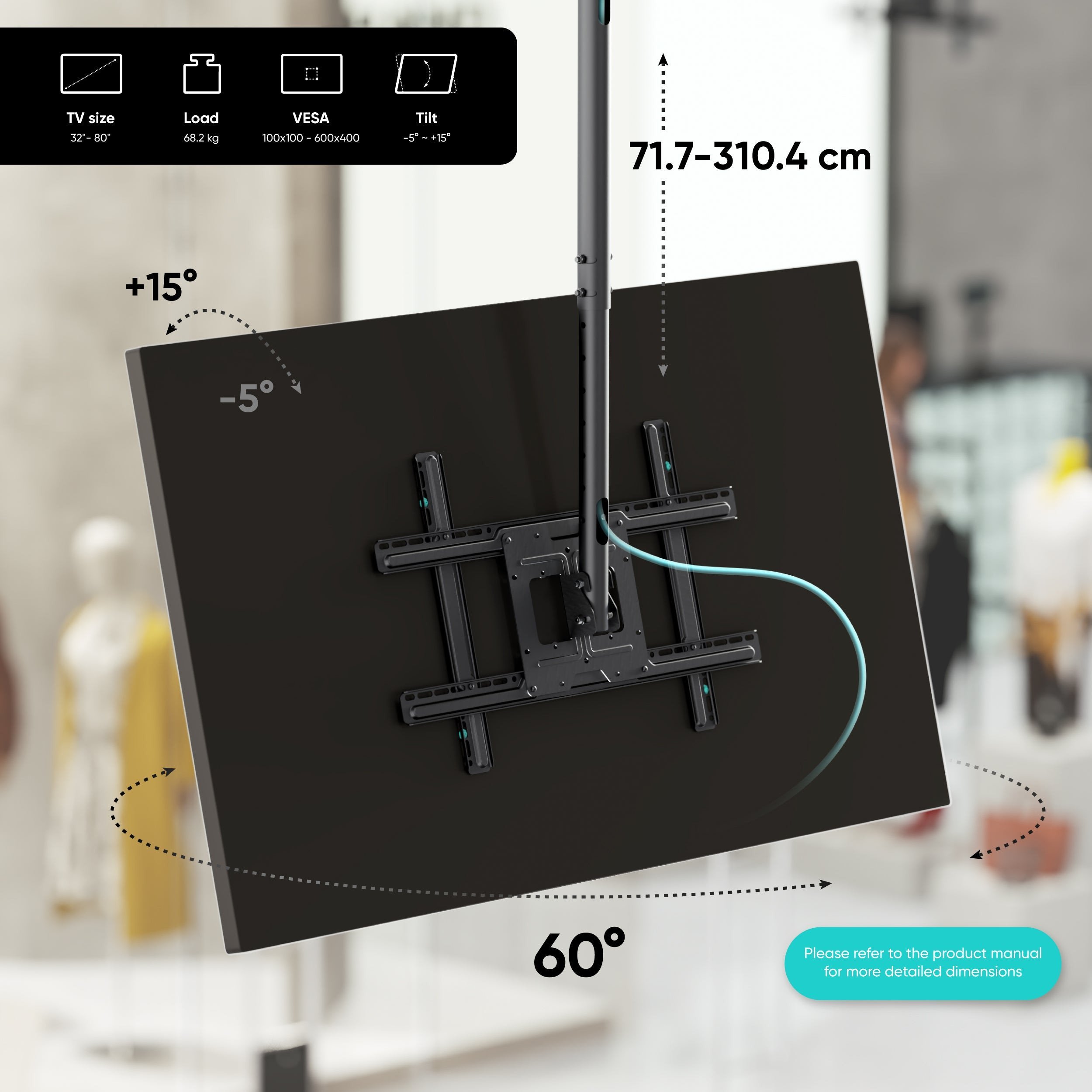 Mbajtës tavanor për TV ONKRON, 32-80", deri 68 kg, VESA 600x400, i zi