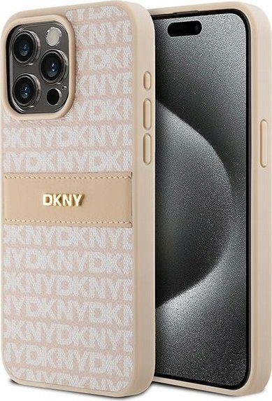 Mbrojtëse telefoni DKNY për iPhone 15 Pro Max, Repeat Pattern Tonal Stripe, logo metalike, rozë