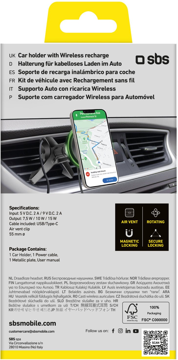 Mbajtëse telefoni për makinë SBS TESUPMAGWIR15W, magnetike MagSafe, karikim wireless 15W, e zezë