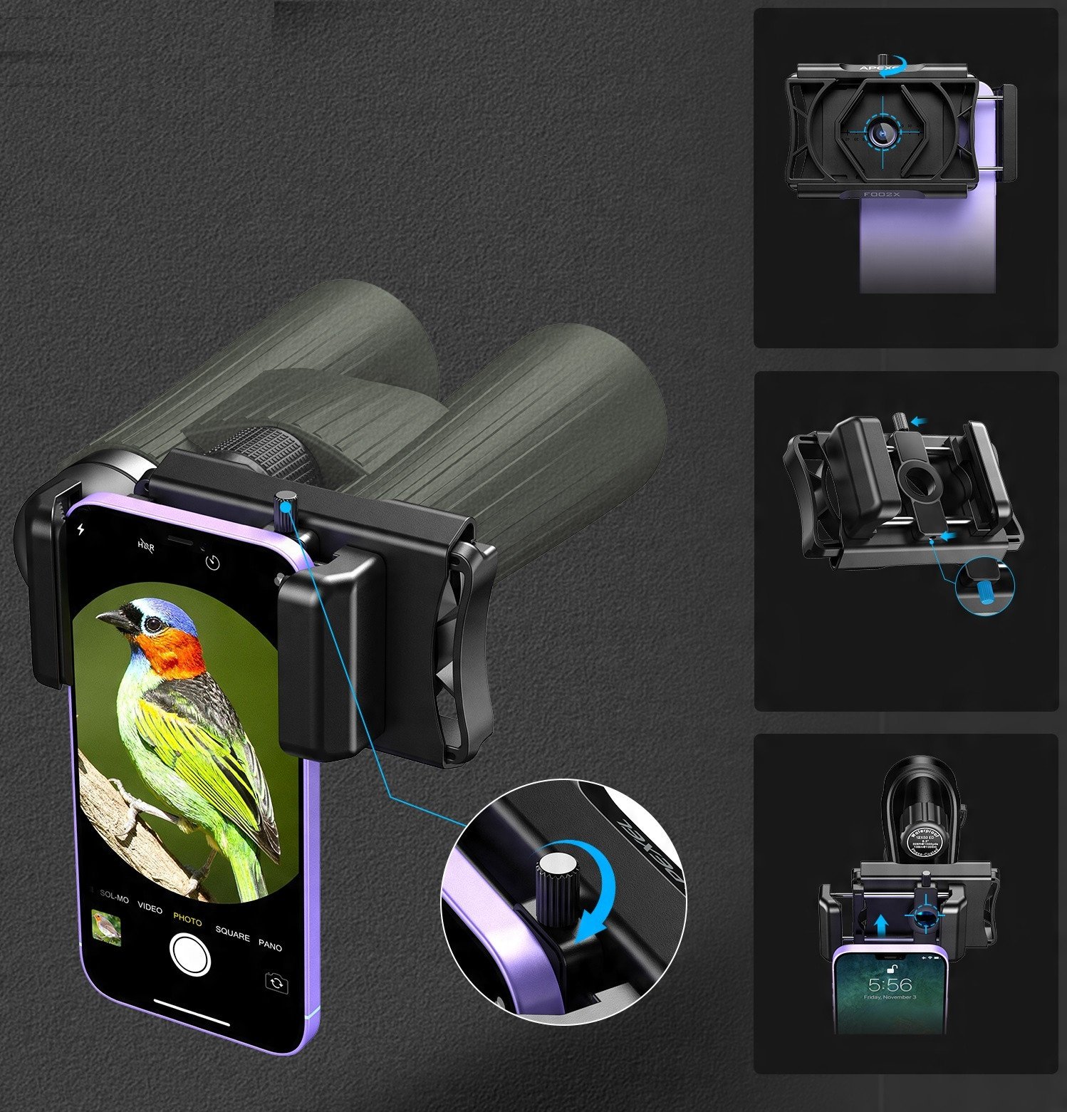 Адаптер за телефони Апексел, за двоглед и телескоп, ротирање 360°, црн