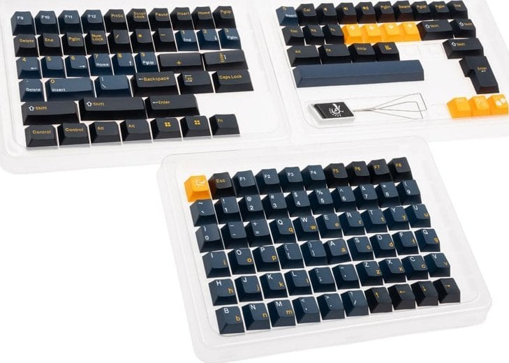 Set keycaps Ducky Nazca PBT Tripleshot, 133 taste, ANSI US, blu gri portokalli