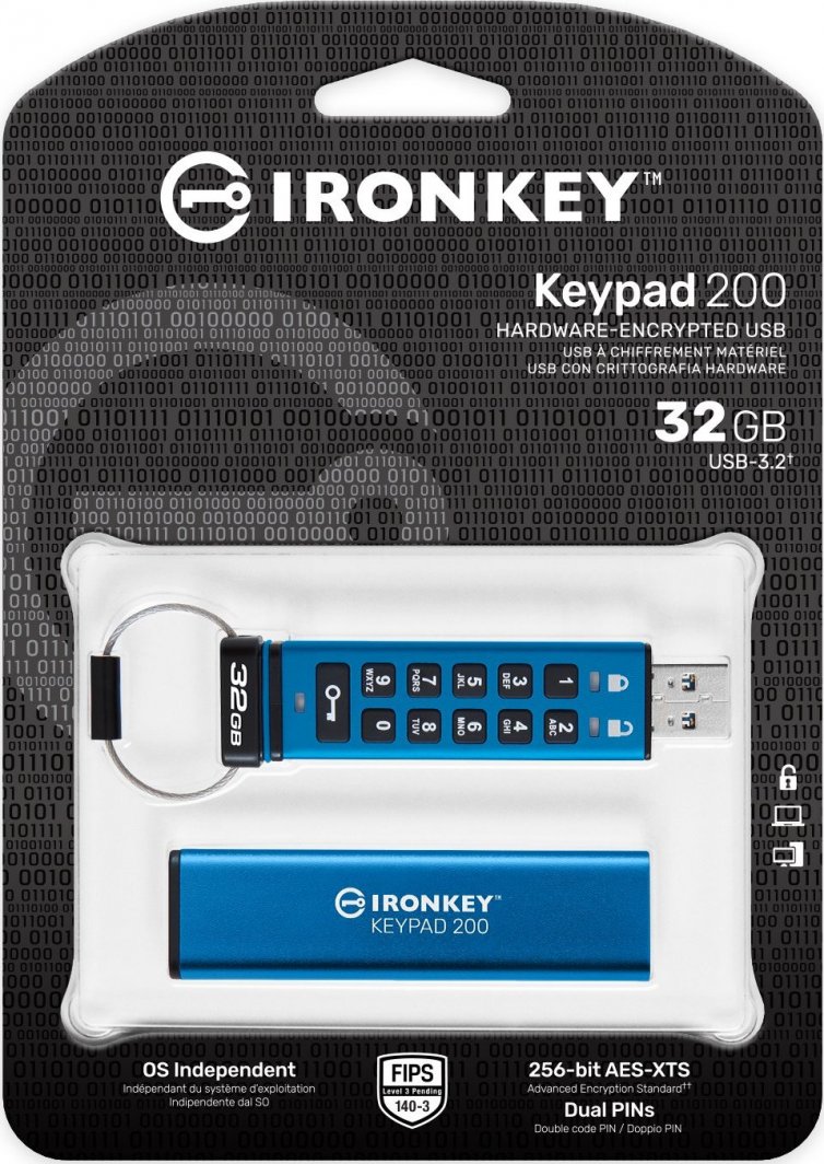 USB Pendrive Kingston IronKey Keypad 200, 32 GB, i kaltër