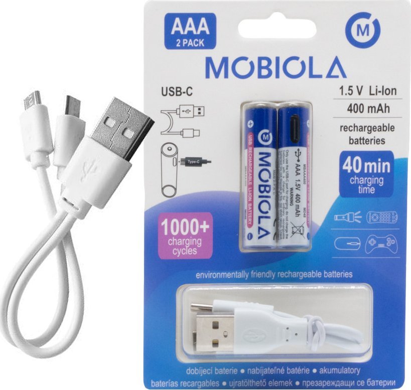 Рикабили батерии Mobiola MBAAA400, AAA, 400mAh, USB C