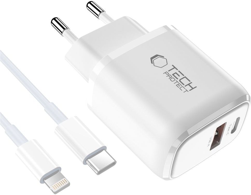 Karikues muri Tech-Protect NCA20, 20W PD QC3.0, USB-A USB-C, me kabllo USB-C në Lightning, i bardhë