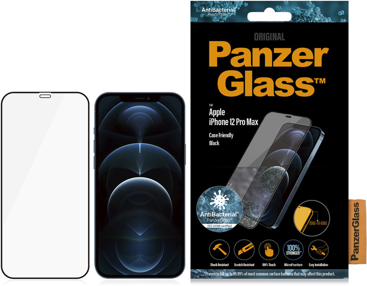 [OUTLET] Xham mbrojtës PanzerGlass Edge-to-Edge për Apple iPhone 12 Pro Max 6.7", antibakterial, 0.4mm, me kornizë të zezë