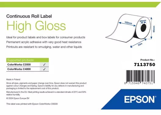 Rrotull etiketa Epson High Gloss Label, 102mm, 33m, e bardhë