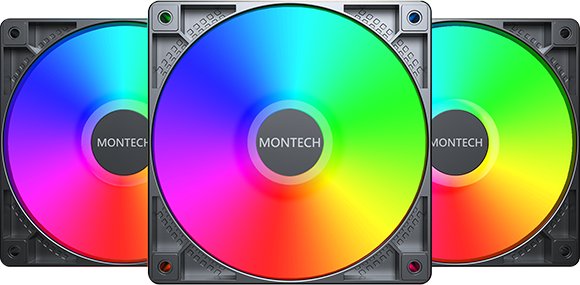 Ventilatorë kase Montech GF120 ARGB PWM, 120mm, set 3 copë me fan hub, të zinj