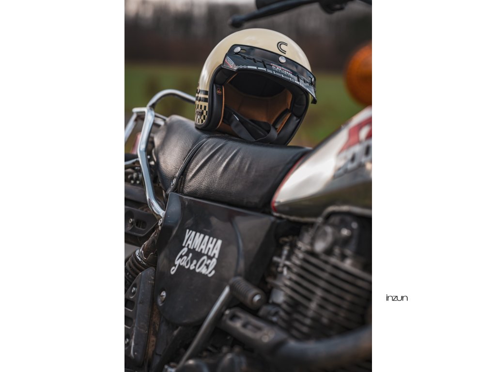 Helmë moto CASSIDA ESO Forty Nine 2026, fiberglass, retro, krem e zezë