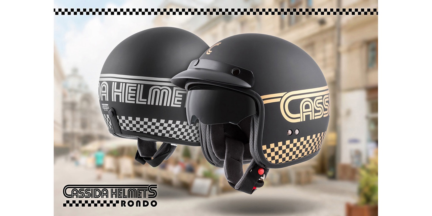 Мото кацига CASSIDA Oxygen Rondo, поликарбонат, сончев визир, црна мат со златна