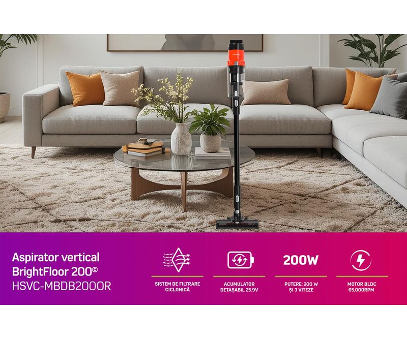 Fshesë me korent vertikale Heinner HSVC-MBDB200OR BrightFloor, bateri 50 min, filtri HEPA, portokalli