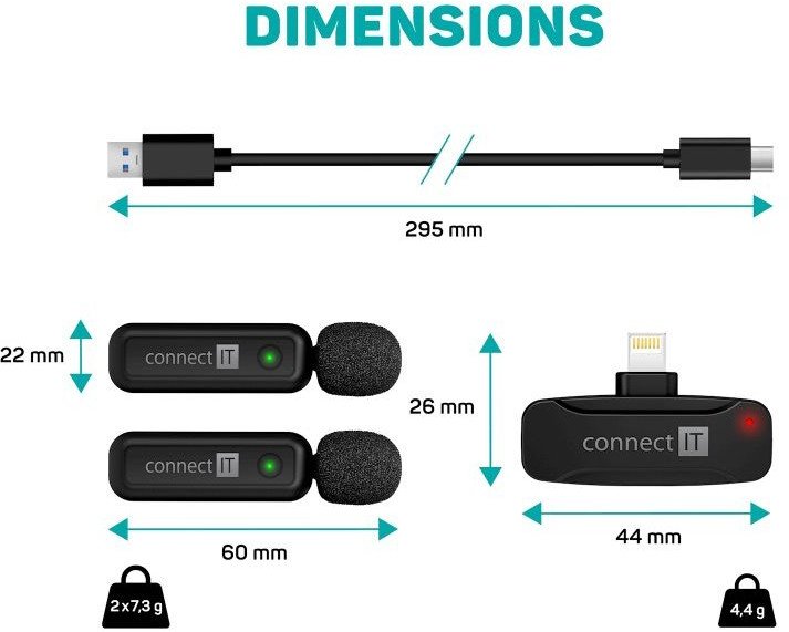 Mikrofon lavalier wireless CONNECT IT, set me 2 mikrofonë dhe receiver Lightning, i zi