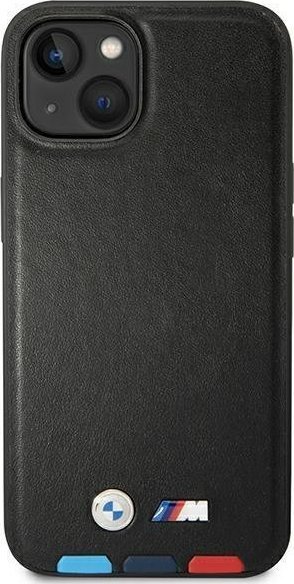 Maskë telefoni BMW Leather Stamp Tricolor MagSafe, për iPhone 14 6.1", lëkurë, e zezë