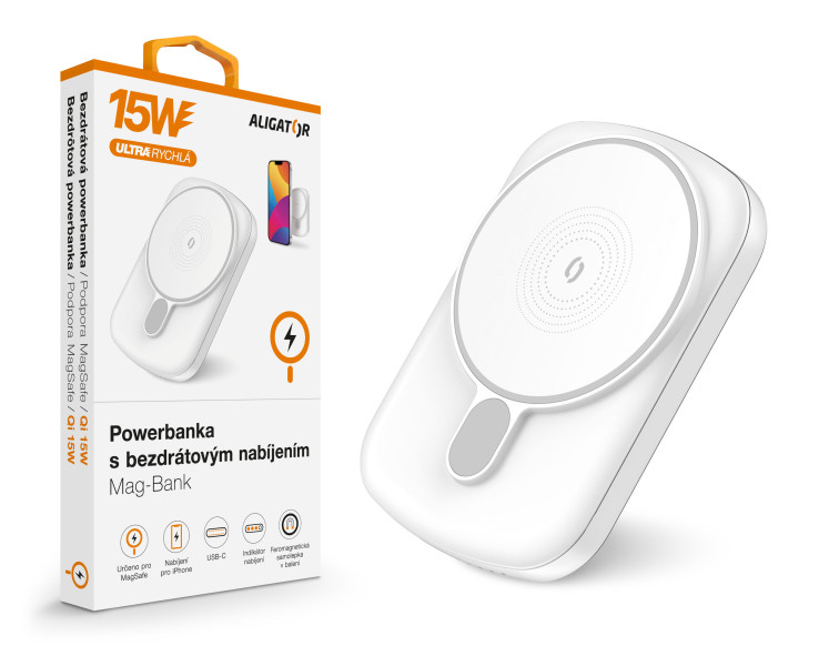 Power bank Aligator Mag-Bank, 5000mAh, wireless 15W, i bardhë