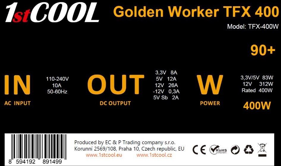 Furnizues energjie 1stCOOL Golden Worker TFX 400W, 80mm, ATX