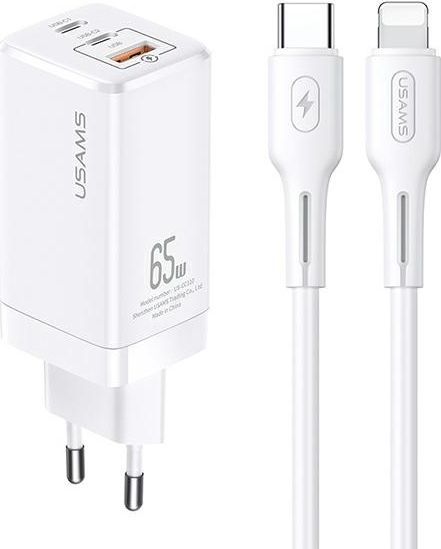 Karikues Usams MT, 1x USB-A, 2x USB-C, Lightning, 3 A, 65W, i bardhë