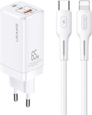 Karikues Usams MT, 1x USB-A, 2x USB-C, Lightning, 3 A, 65W, i bardhë