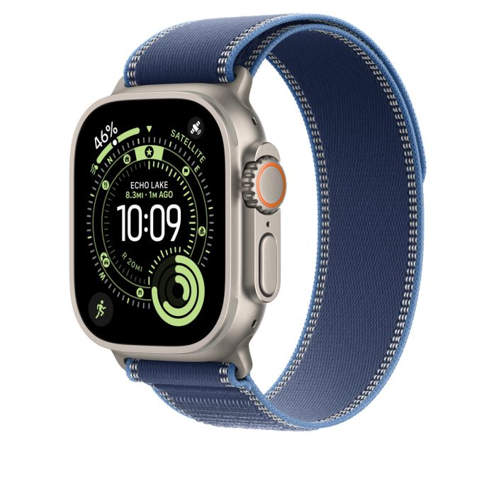 Apple Watch 49mm Loop, Blue/Bright Blue Trail Loop, S/M, Natural Titanium Finish