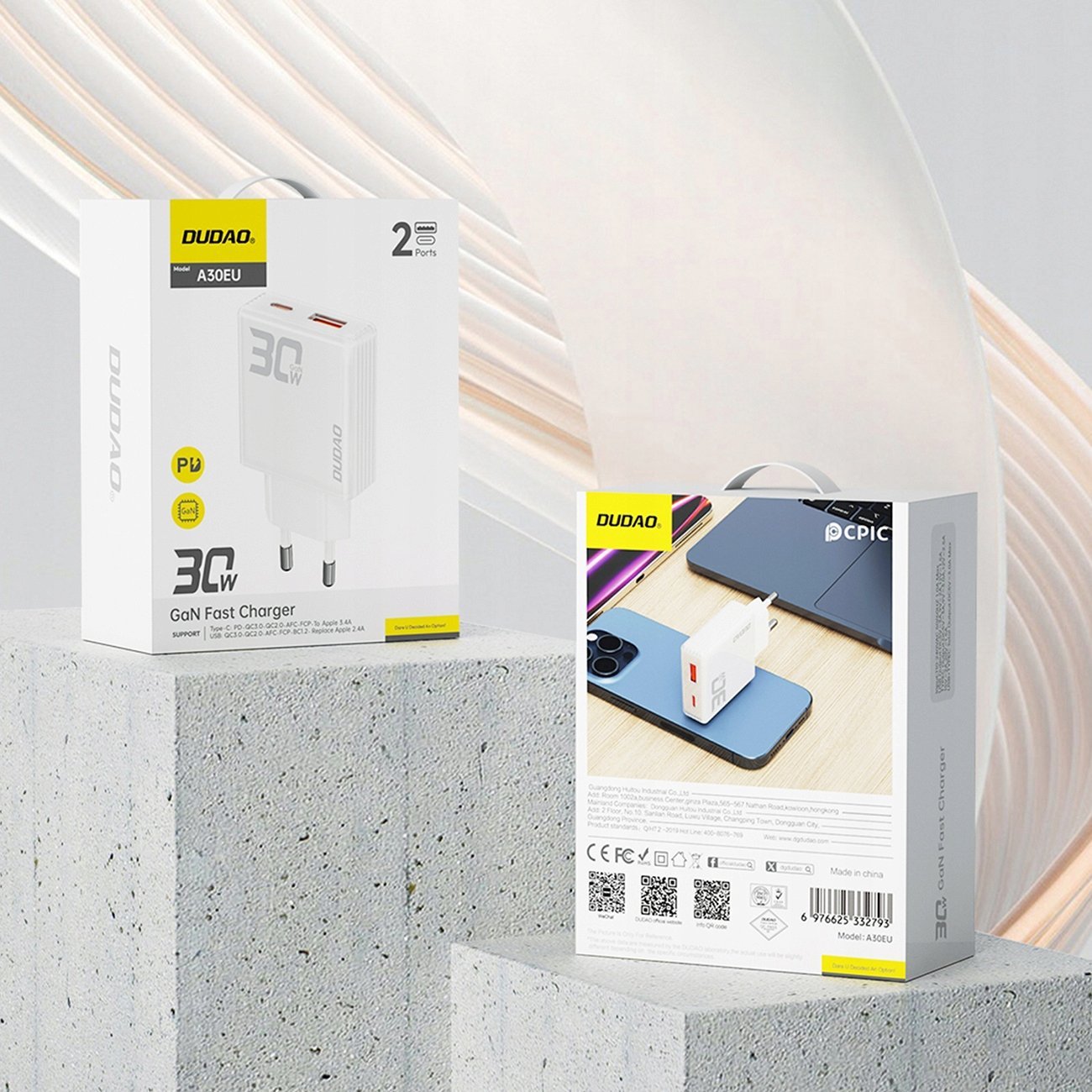 Karikues rrjeti Dudao A30EU GaN, 30W 3A, USB A dhe USB C, i bardhë