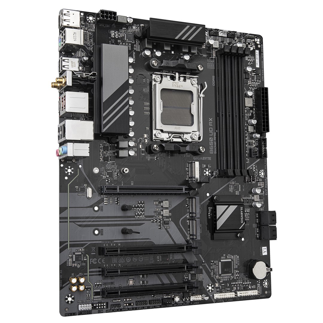 Pllakë amë GIGABYTE B650 UD AX, AMD Ryzen, 9000 Series CPUs, 6+2+2 VRM, 7600MHz, DDR5 (OC), 1xPCIe 5.0 + 2xPCIe 4.0 M.2, GbE LAN, WIFI 6, USB 3.2 Gen 2