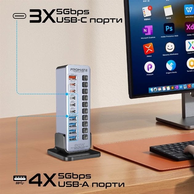 Hub kulle Promate GegaTower 60W, 14 në 1, USB 3.1 5Gbps, PD 48W, i zi