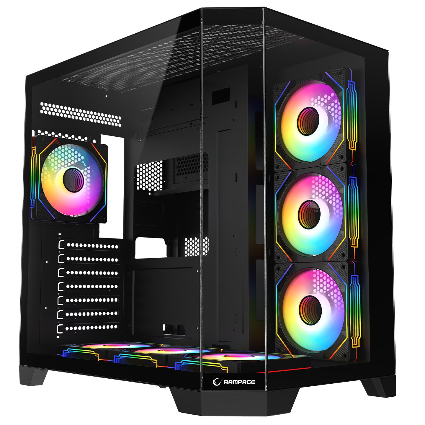 Kasa Gaming Rampage Mega V1 me PSU 850W – 80+ Bronze, Tempered Glass, 4×120mm ARGB, E Zezë