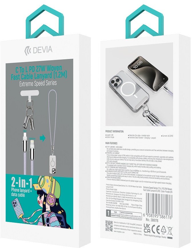 Kabllo karikimi Devia Universal Lanyard 2in1, USB C Lightning, 1.2m 27W, lejla
