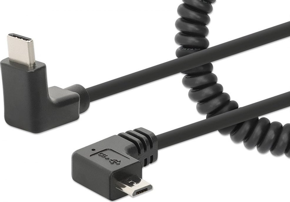 Kabllo karikimi Manhattan USB C në microUSB, spiral, 1 m, e zezë
