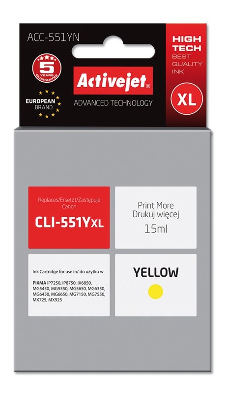 Ngjyrë për printer Activejet ACC-551YN (zëvendësim për Canon CLI-551Y), 15 ml, e verdhë
