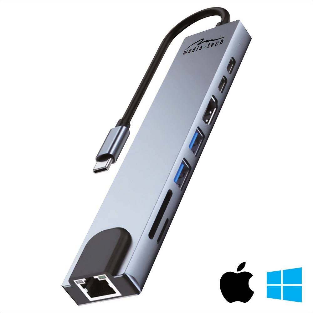 Stacion lidhës Media-Tech 8 në 1 GIGA LAN HUB MT5046, i hirtë