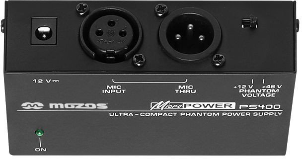 Furnizues phantom power Mozos PS400, 12V 48V, për mikrofonë XLR, i zi