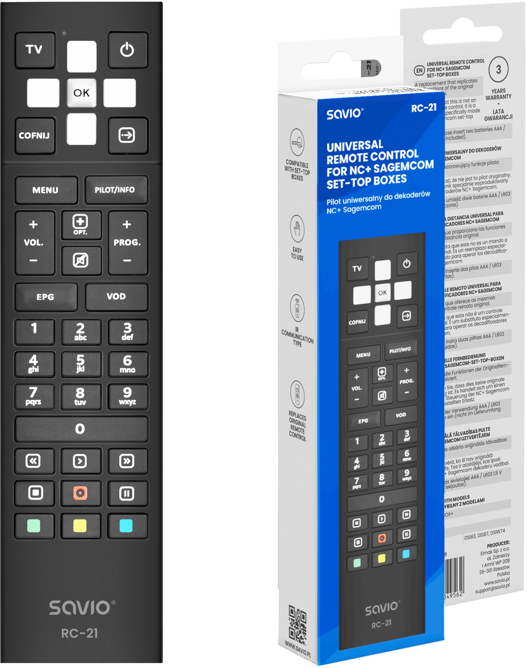 Telekomandë Savio RC-21, për dekoderë NC Plus Sagemcom, infra të kuqe, e zezë