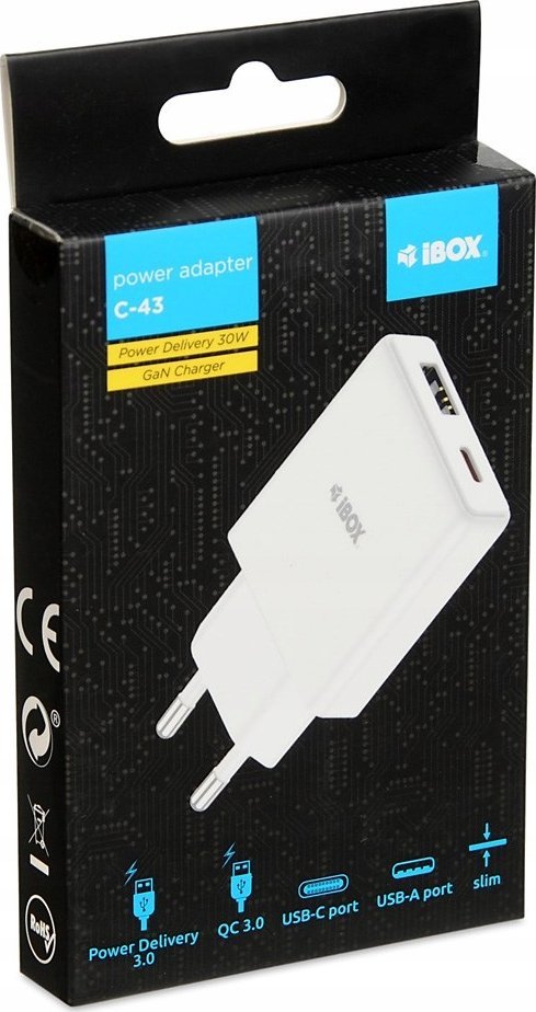Ѕиден полнач IBOX C-43 Slim GaN PD, 30W, USB-C, бел