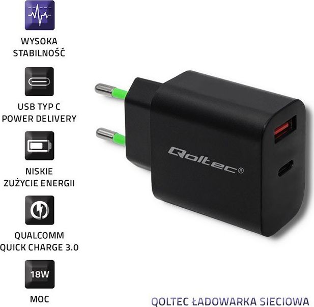 Karikues rrjeti Qoltec 51713, 1x USB A 1x USB C, 3A, i zi
