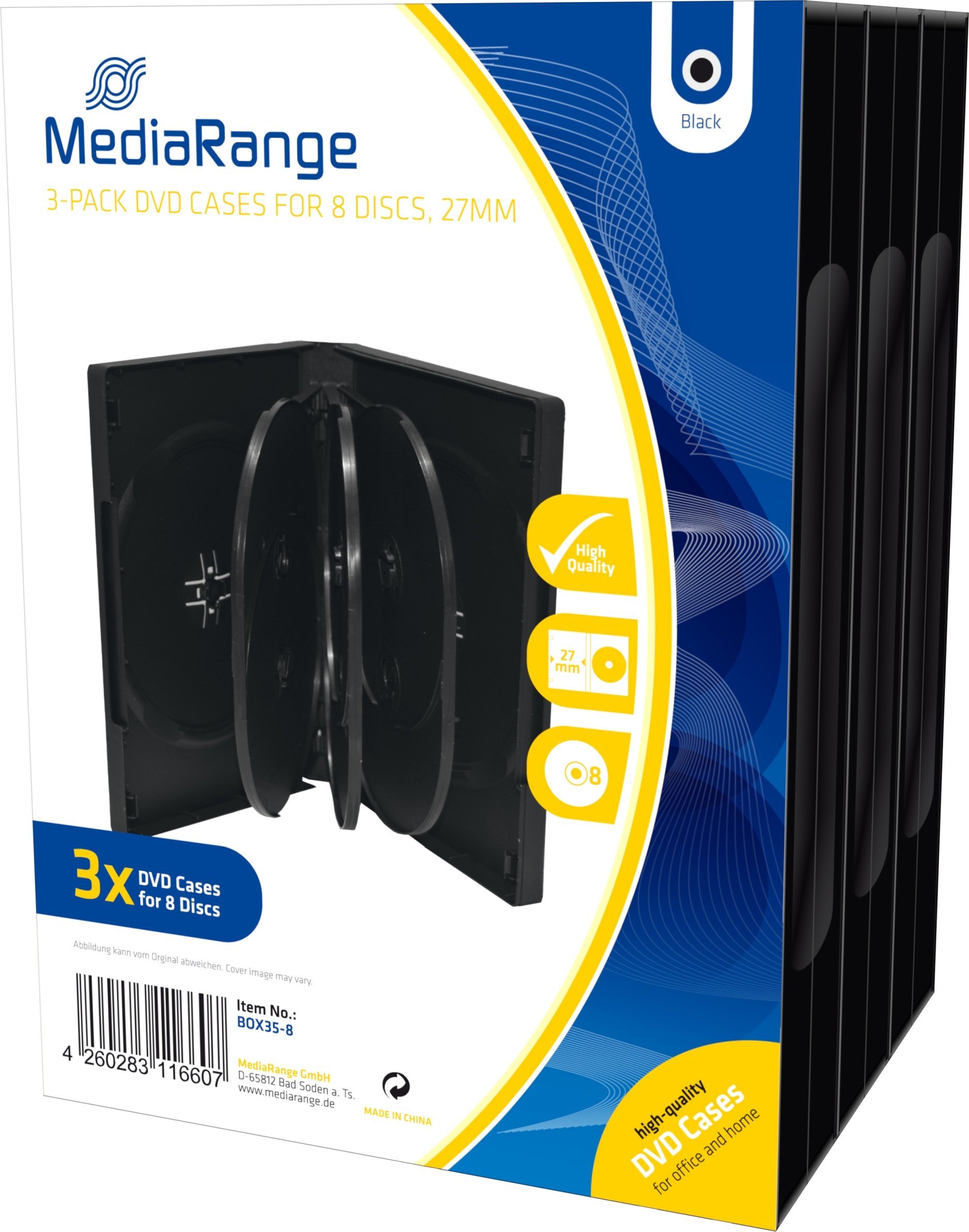 Kuti DVD MediaRange BOX35-8, 8 disqe, 27mm, e zezë, pako 3 copë