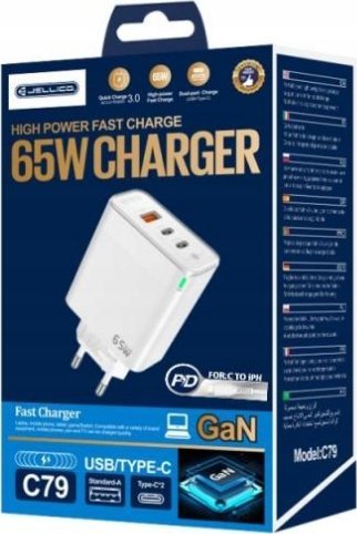 Karikues muri Jellico Fast Charger Quick 65W, 2x USB-C, USB-A, me kabllo Lightning për iPhone, i bardhë